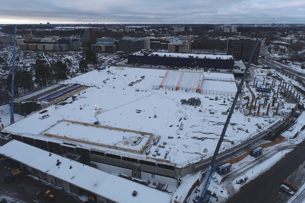 Ilmakuva Rusekasuon varikon työmaalta tammikuussa 2023.