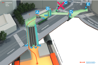 Pohjakuva Sörnäisten metroaseman sisäänkäynneistä.
