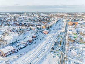 Talvinen ilmakuva Vanhan talvitien liittymästä kohti pohjoista.