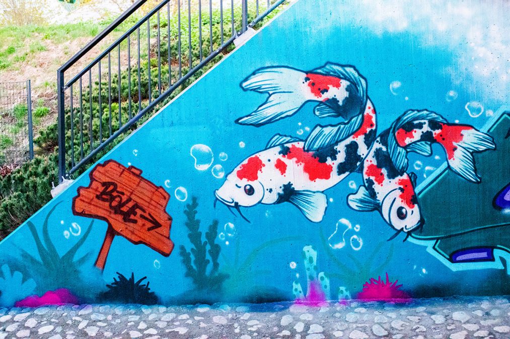 Karppeja graffititeoksessa raitiolinjan 13 tunnelissa Vallilanlaaksossa.