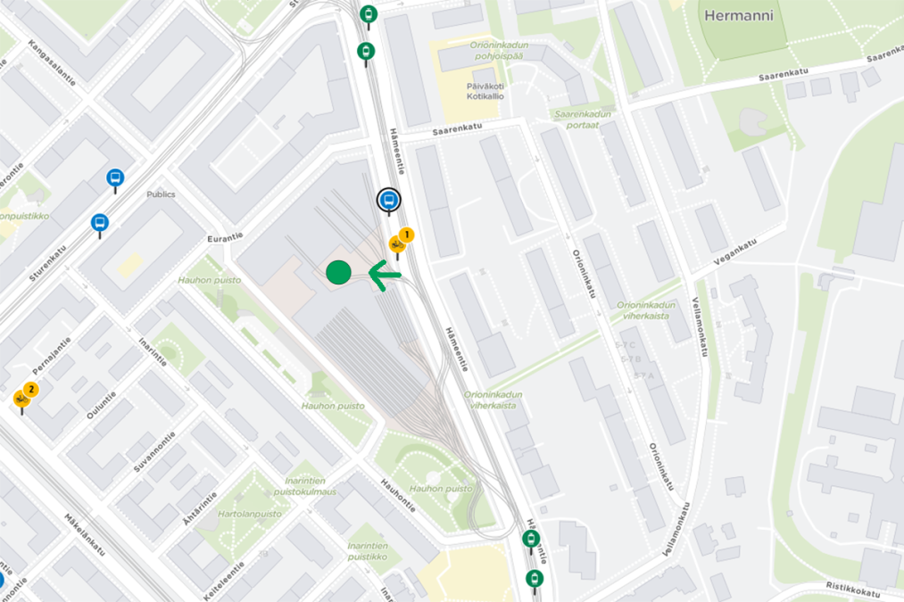 Karttakuva Raivausajoneuvo kaikkien ratikoiden sankari -tapahtuman paikasta osoitteessa Hämeentie 86. Kuvakaappaus HSL:n Reittioppaasta.