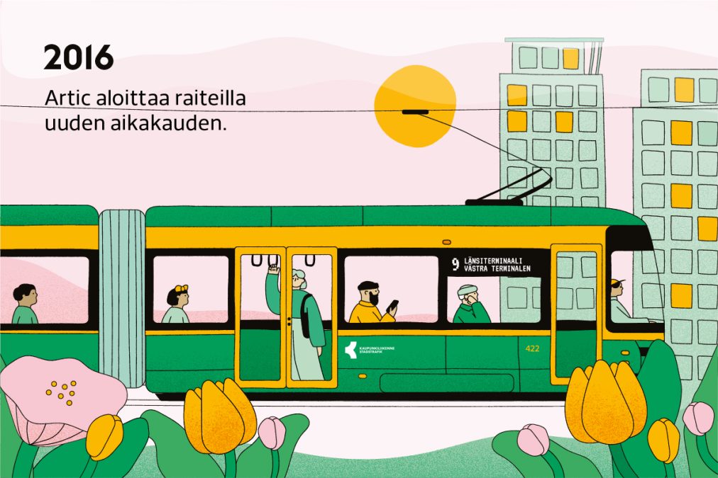 2016. Artic aloittaa raiteilla uuden aikakauden. Artic-ratikka kulkee tornitalojen keskellä.