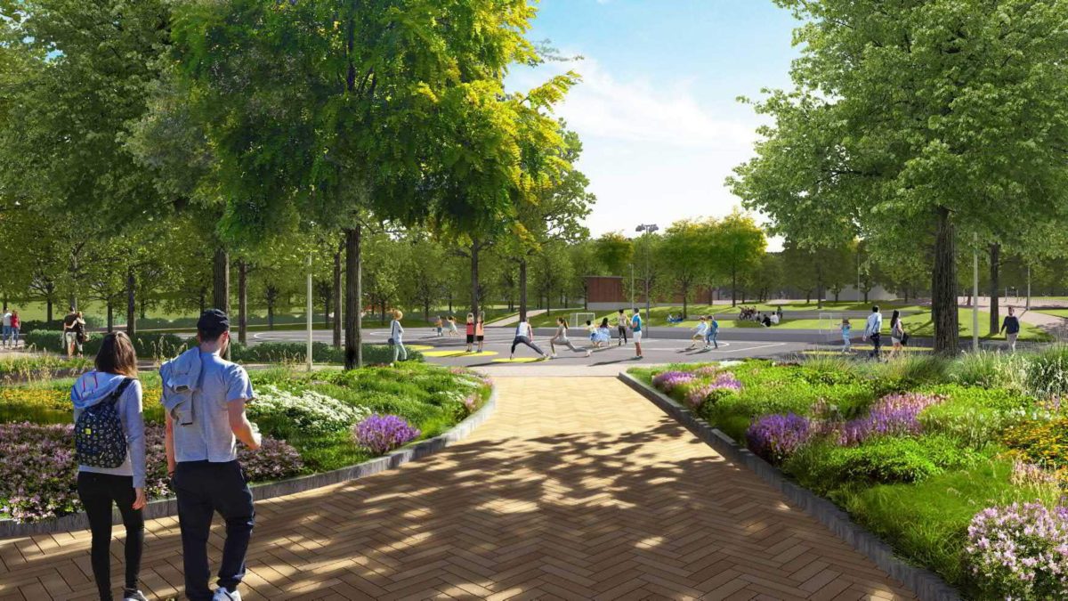 Havainnekuva aurinkoisesta puistosta ja aukiosta.