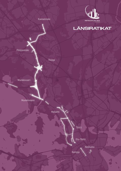 Violetilla taustalla kartta Länsiratikan reitistä