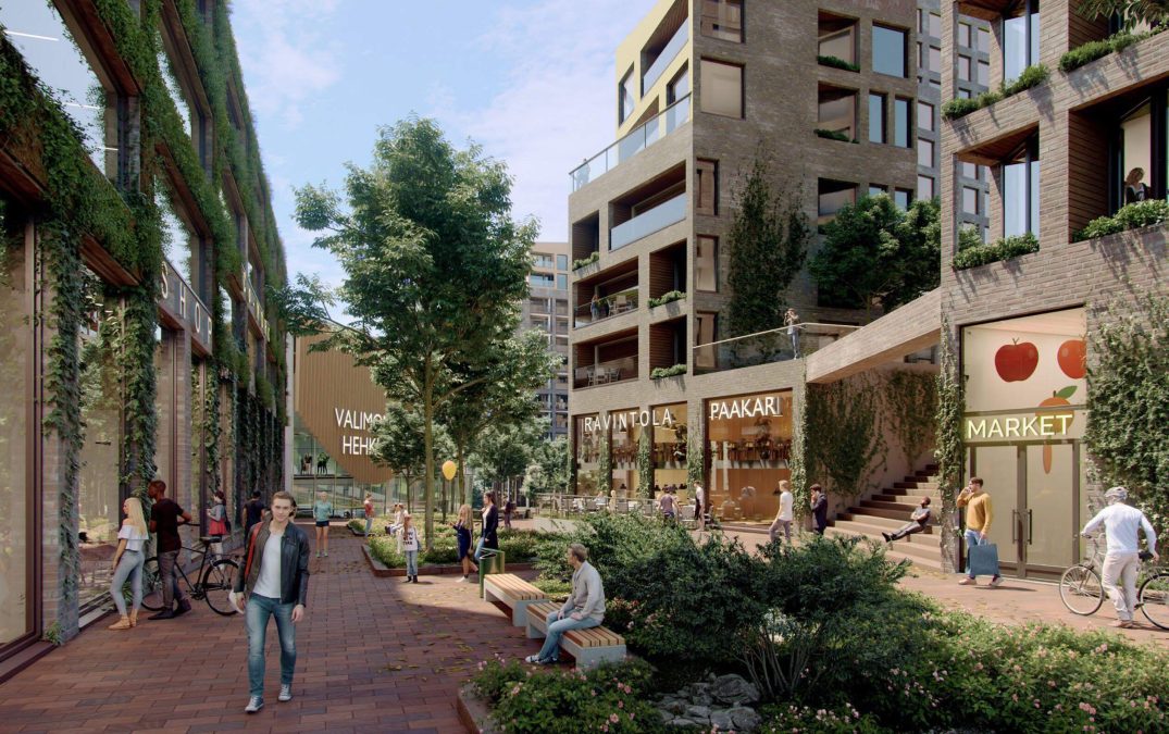 Havainnekuva kerrostaloista ja kaupoista.