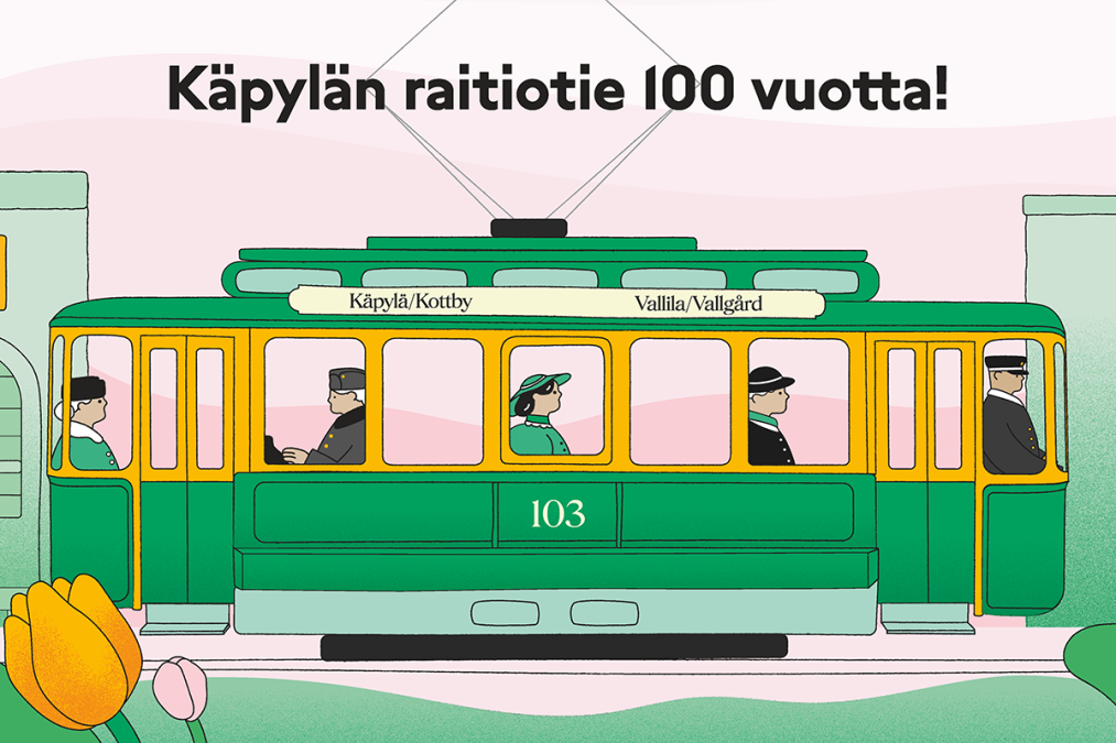 Piirretty vanha raitiovaunu, jossa matkustajia kyydissä ja tekstit Käpylä/Kottby ja Vallila/Vallgård. Kuvassa teksti. Käpylän raitiotie 100 vuotta!.