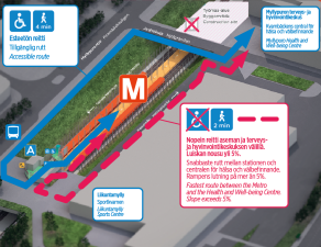 Karttakuva esteettömästä reitistä Myllypuron metroasemalta terveys ja hyvinvointikeskukselle.