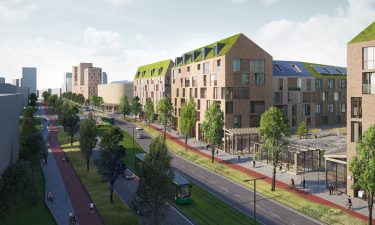 Havainnekuva, jossa ratikka kulkee viihtyisällä Bulevardilla Vihdintiellä.