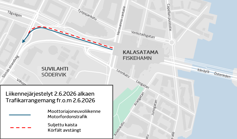 Traffic arrangements from 2 June onwards on a map in kalasatama. One track in the direction towards the citty center will be closed.