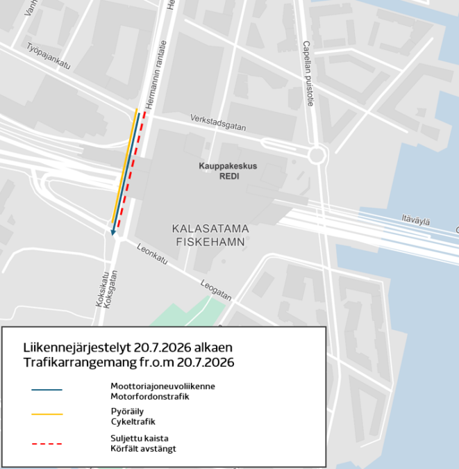 Liikennejärjestelyt Redin kohdalla 20.7. alkaen.