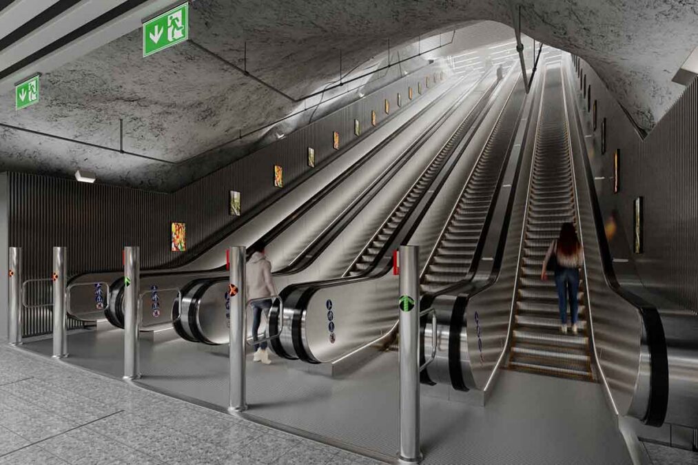 Havainnekuva Rautatientorin metroaseman uusista liukuportaista.