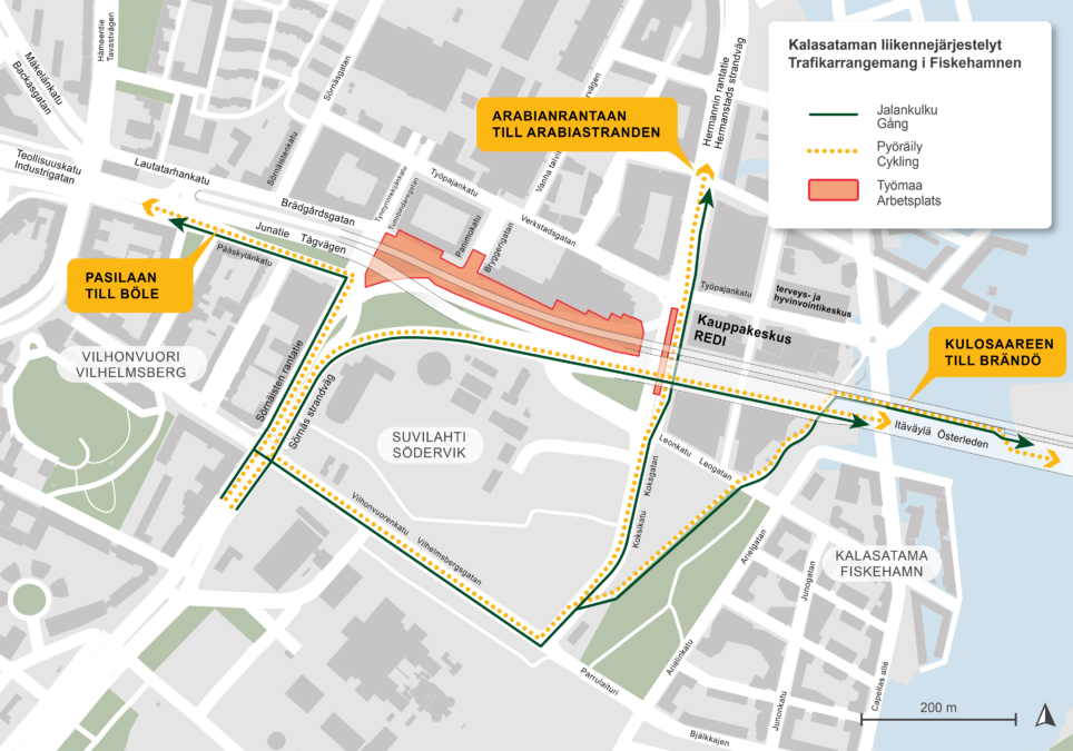 Pyöräilyn ja jalankulun reitit Helsingin keskustasta tultaessa.